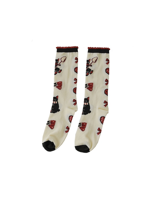 Dessert Earl Cat Series Kitten Bowknot Print Knitted Sweet Lolita Socks