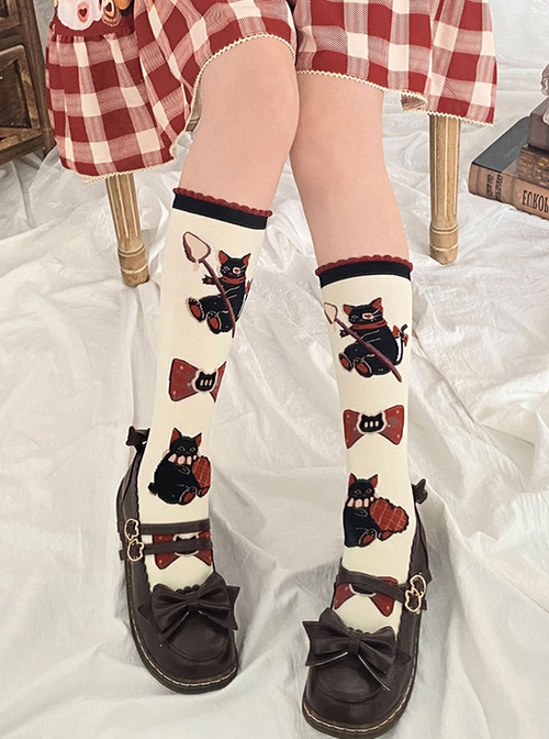 Dessert Earl Cat Series Kitten Bowknot Print Knitted Sweet Lolita Socks