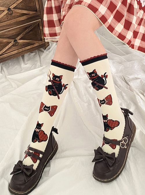 Dessert Earl Cat Series Kitten Bowknot Print Knitted Sweet Lolita Socks