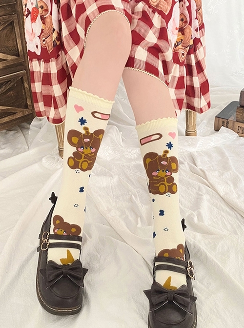 Cute Girly Bear Charging Printed Knitted Mid Tube Socks Sweet Lolita Socks
