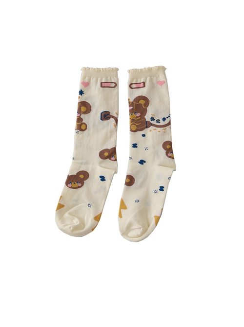 Cute Girly Bear Charging Printed Knitted Mid Tube Socks Sweet Lolita Socks