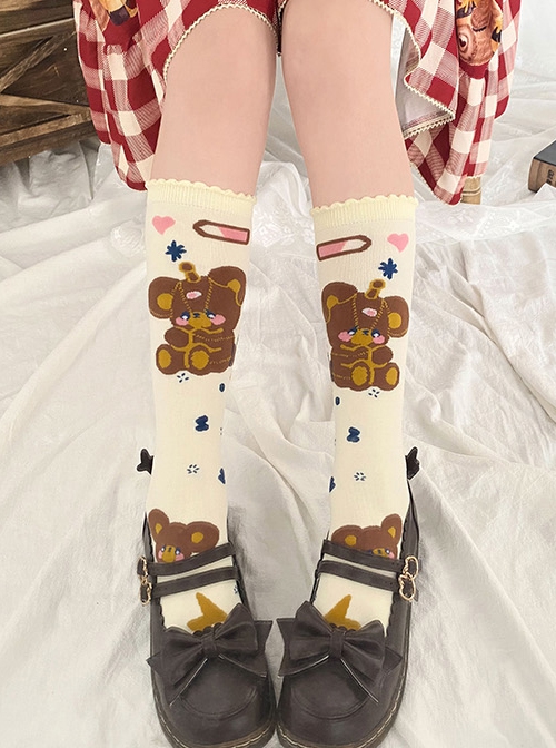 Cute Girly Bear Charging Printed Knitted Mid Tube Socks Sweet Lolita Socks