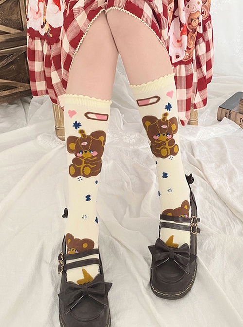 Cute Girly Bear Charging Printed Knitted Mid Tube Socks Sweet Lolita Socks