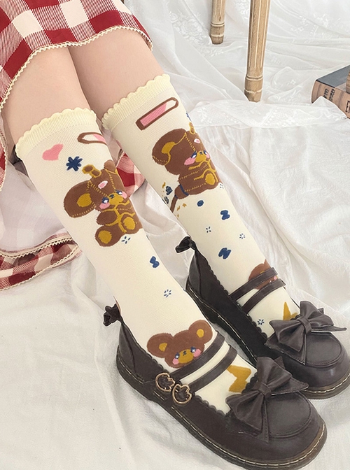 Cute Girly Bear Charging Printed Knitted Mid Tube Socks Sweet Lolita Socks