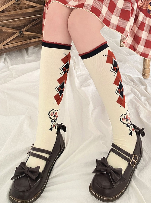 Retro Rhombus Rose Series Rhombus Rose Print Girls All-Match Sweet Lolita Knitted Socks