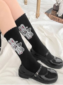 Little Rabbit Doll Series Black Knitted Rabbit Print Simple Classic Lolita Socks