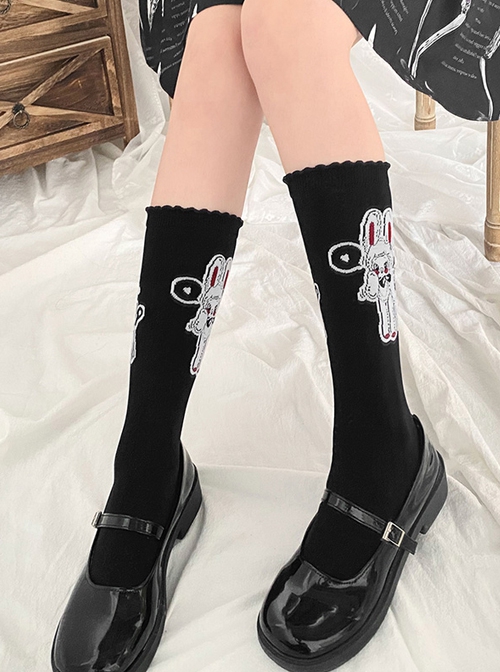 Little Rabbit Doll Series Black Knitted Rabbit Print Simple Classic Lolita Socks