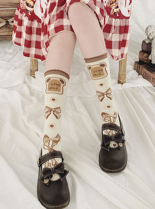 Little Bear Toast Series Tableware Bear Toast Bowknot Cute Print Sweet Lolita Knitted Socks