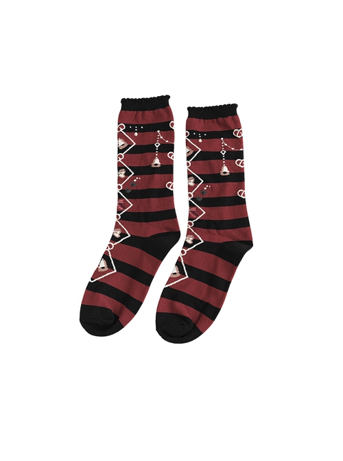 Sweet Christmas Series Red-Black Christmas Printed Knitted Socks Sweet Lolita Socks