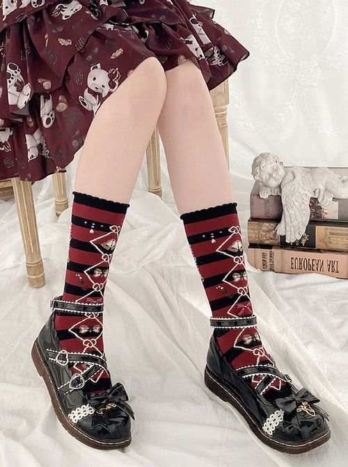 Sweet Christmas Series Red-Black Christmas Printed Knitted Socks Sweet Lolita Socks