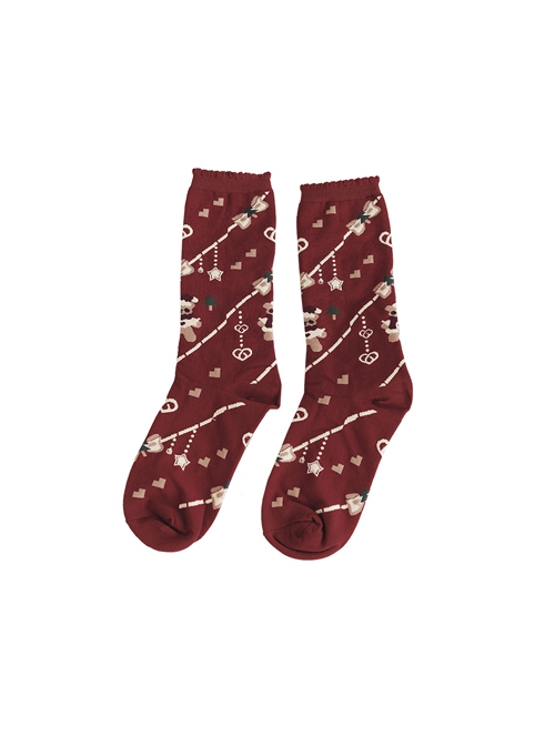 Christmas Little Bear Series Red Little Bear Christmas Knitted Print Sweet Lolita Socks