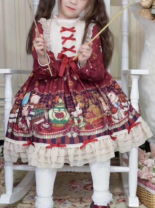 Crown Bear Series Red Printed Lace Sweet Lolita Girls Kids Long Sleeve Dress