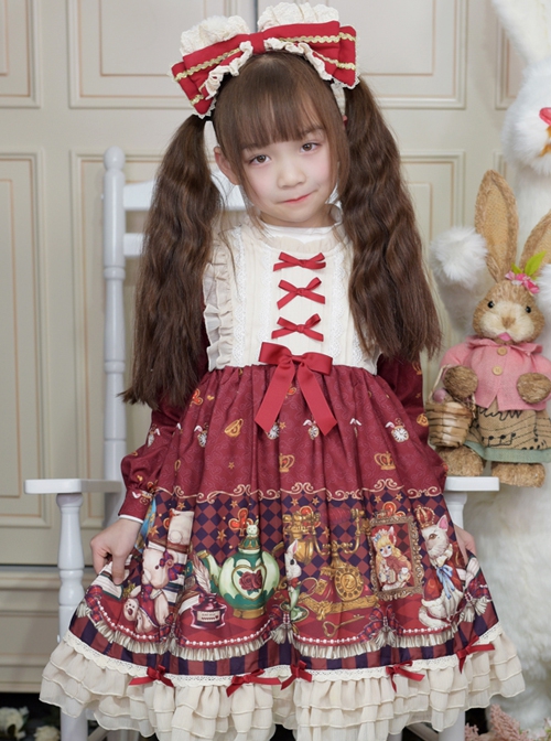 Crown Bear Series Red Printed Lace Sweet Lolita Girls Kids Long Sleeve Dress