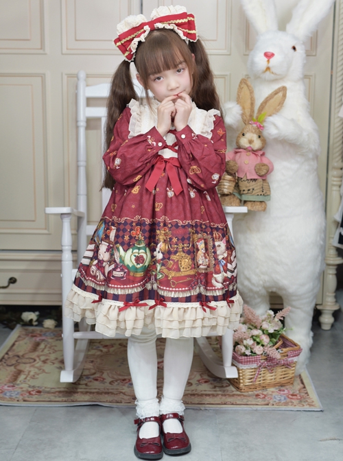 Crown Bear Series Red Printed Lace Sweet Lolita Girls Kids Long Sleeve Dress