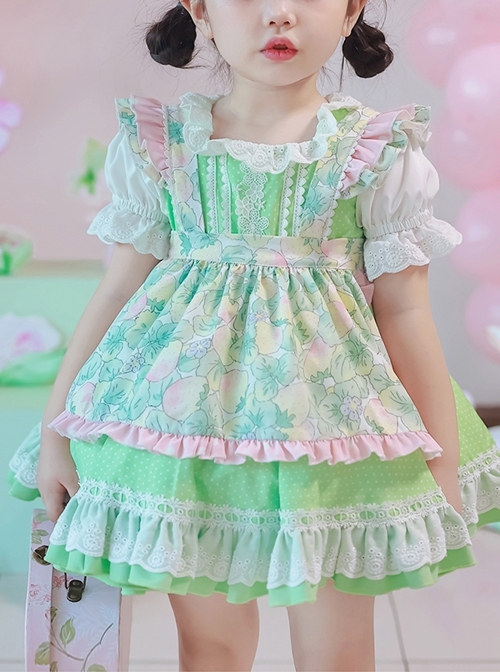 Green Strawberry Series Summer Lace Collar Strawberry Print Cute Green Polka Dot Lace Sweet Lolita Kids Short-Sleeved Dress