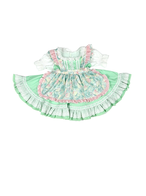 Green Strawberry Series Summer Lace Collar Strawberry Print Cute Green Polka Dot Lace Sweet Lolita Kids Short-Sleeved Dress