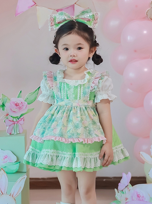 Green Strawberry Series Summer Lace Collar Strawberry Print Cute Green Polka Dot Lace Sweet Lolita Kids Short-Sleeved Dress