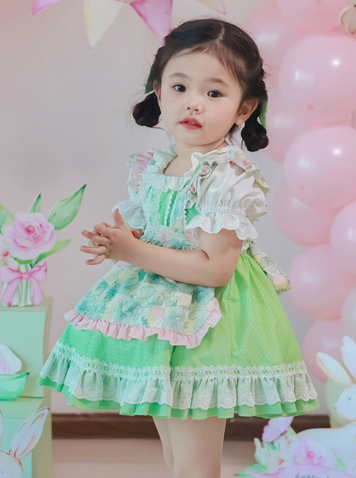 Green Strawberry Series Summer Lace Collar Strawberry Print Cute Green Polka Dot Lace Sweet Lolita Kids Short-Sleeved Dress