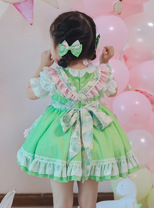 Green Strawberry Series Summer Lace Collar Strawberry Print Cute Green Polka Dot Lace Sweet Lolita Kids Short-Sleeved Dress