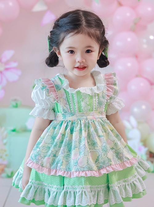 Green Strawberry Series Summer Lace Collar Strawberry Print Cute Green Polka Dot Lace Sweet Lolita Kids Short-Sleeved Dress