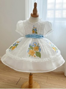 Gardenia Series White Simple Print Summer Cute Puff Sleeve Sweet Lolita Kids Short Sleeve Dress