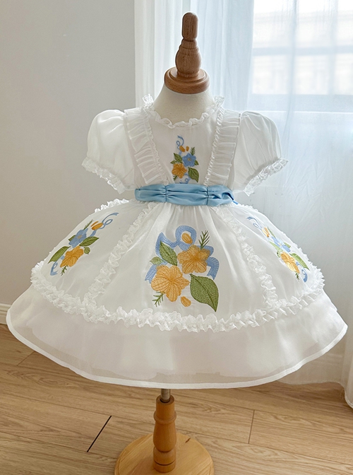 Gardenia Series White Simple Print Summer Cute Puff Sleeve Sweet Lolita Kids Short Sleeve Dress