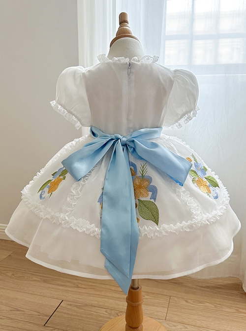 Gardenia Series White Simple Print Summer Cute Puff Sleeve Sweet Lolita Kids Short Sleeve Dress