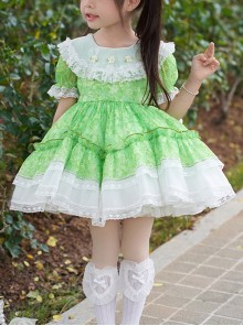 Spring Summer Round Neck Green Fresh Floral Lace Decoration Sweet Lolita Kids Short-Sleeved Dress