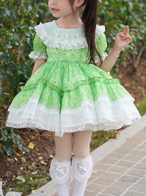 Spring Summer Round Neck Green Fresh Floral Lace Decoration Sweet Lolita Kids Short-Sleeved Dress