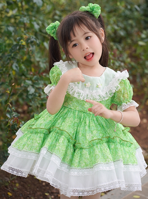 Spring Summer Round Neck Green Fresh Floral Lace Decoration Sweet Lolita Kids Short-Sleeved Dress