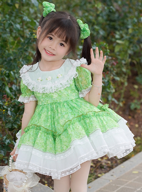 Spring Summer Round Neck Green Fresh Floral Lace Decoration Sweet Lolita Kids Short-Sleeved Dress