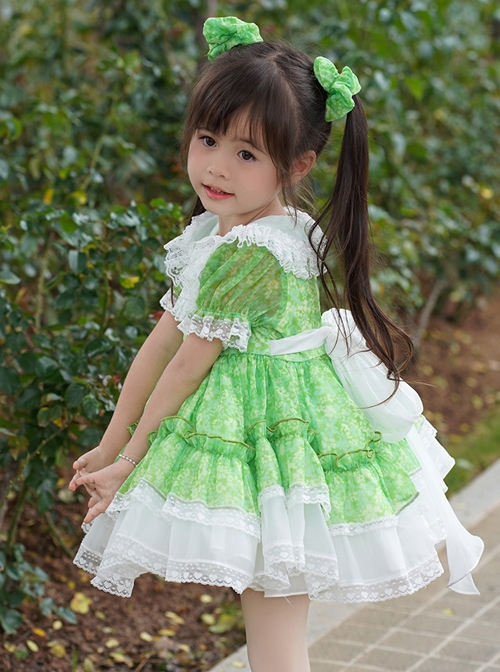 Spring Summer Round Neck Green Fresh Floral Lace Decoration Sweet Lolita Kids Short-Sleeved Dress