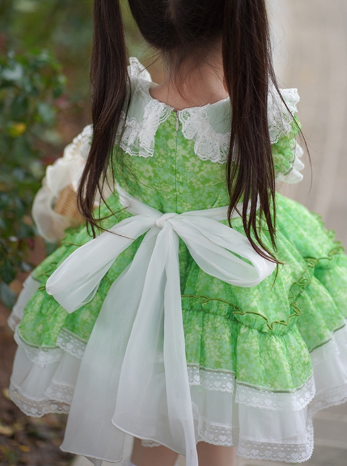 Spring Summer Round Neck Green Fresh Floral Lace Decoration Sweet Lolita Kids Short-Sleeved Dress