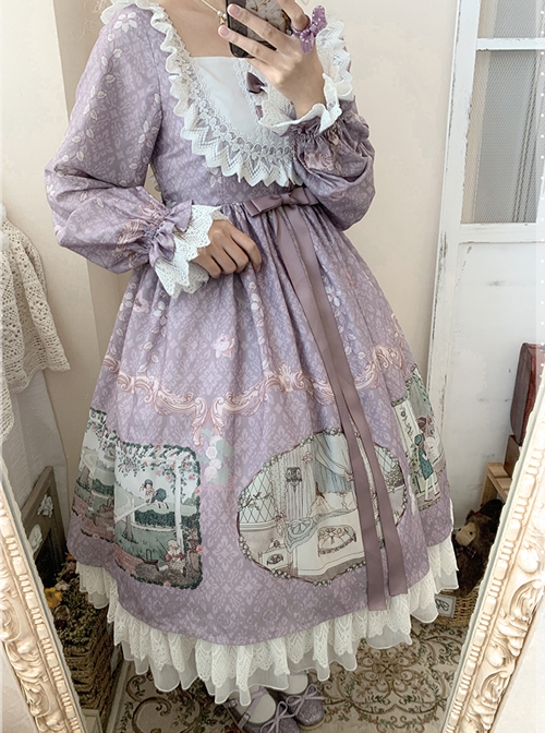 Fairy Tale Series Square Neck Elegant Lace Print Daily Classic Lolita Long Sleeve Dress