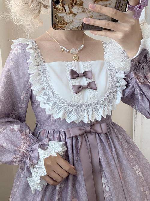 Fairy Tale Series Square Neck Elegant Lace Print Daily Classic Lolita Long Sleeve Dress