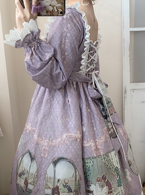 Fairy Tale Series Square Neck Elegant Lace Print Daily Classic Lolita Long Sleeve Dress