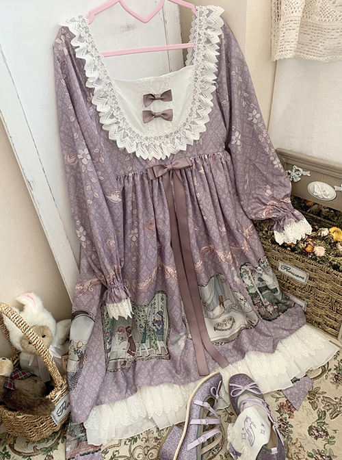 Fairy Tale Series Square Neck Elegant Lace Print Daily Classic Lolita Long Sleeve Dress