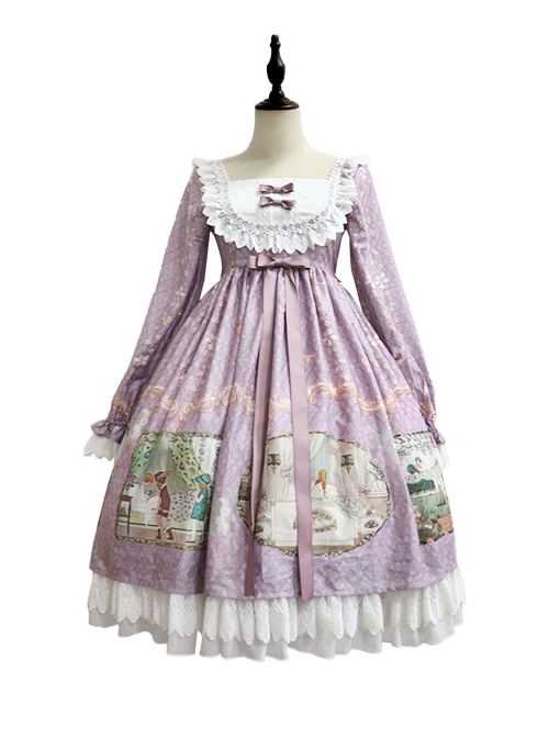 Fairy Tale Series Square Neck Elegant Lace Print Daily Classic Lolita Long Sleeve Dress