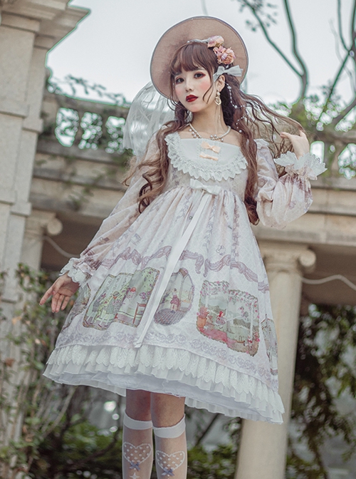 Fairy Tale Series Square Neck Elegant Lace Print Daily Classic Lolita Long Sleeve Dress