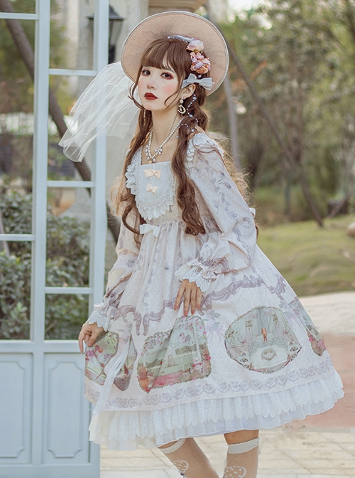 Fairy Tale Series Square Neck Elegant Lace Print Daily Classic Lolita Long Sleeve Dress