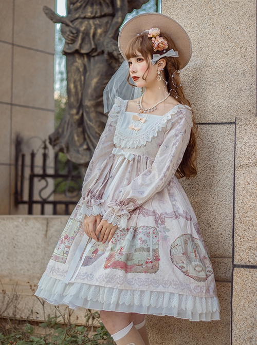 Fairy Tale Series Square Neck Elegant Lace Print Daily Classic Lolita Long Sleeve Dress