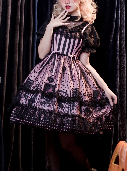 Striped Witch Cat Print Detachable Black Star Lace Net Yarn Halloween Gothic Lolita Sleeveless Dress