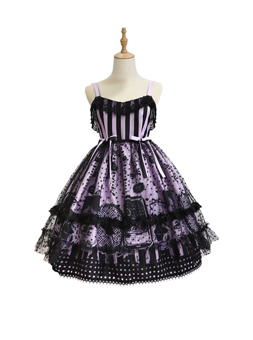 Striped Witch Cat Print Detachable Black Star Lace Net Yarn Halloween Gothic Lolita Sleeveless Dress