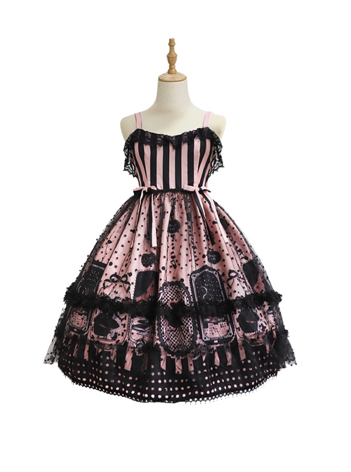 Striped Witch Cat Print Detachable Black Star Lace Net Yarn Halloween Gothic Lolita Sleeveless Dress