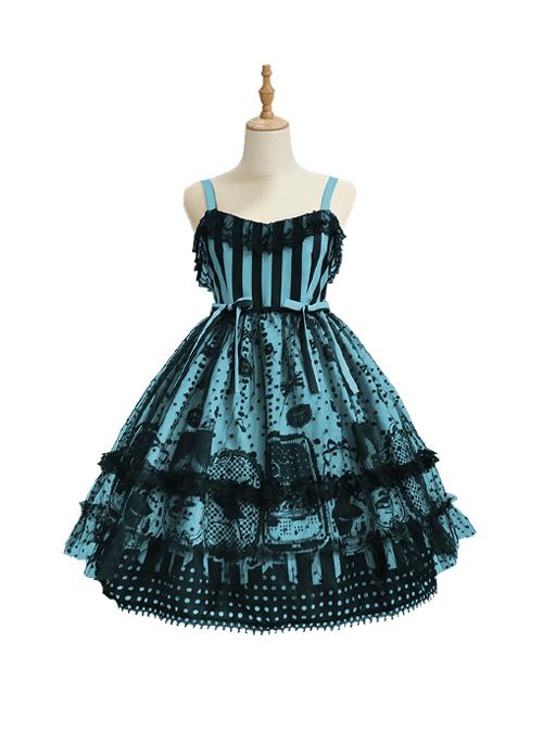 Striped Witch Cat Print Detachable Black Star Lace Net Yarn Halloween Gothic Lolita Sleeveless Dress