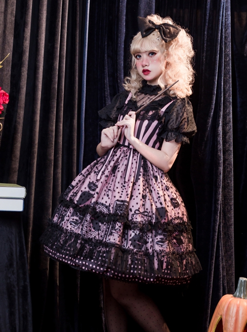 Striped Witch Cat Print Detachable Black Star Lace Net Yarn Halloween Gothic Lolita Sleeveless Dress