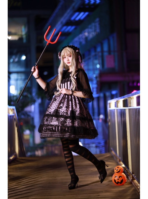 Striped Witch Cat Print Detachable Black Star Lace Net Yarn Halloween Gothic Lolita Sleeveless Dress