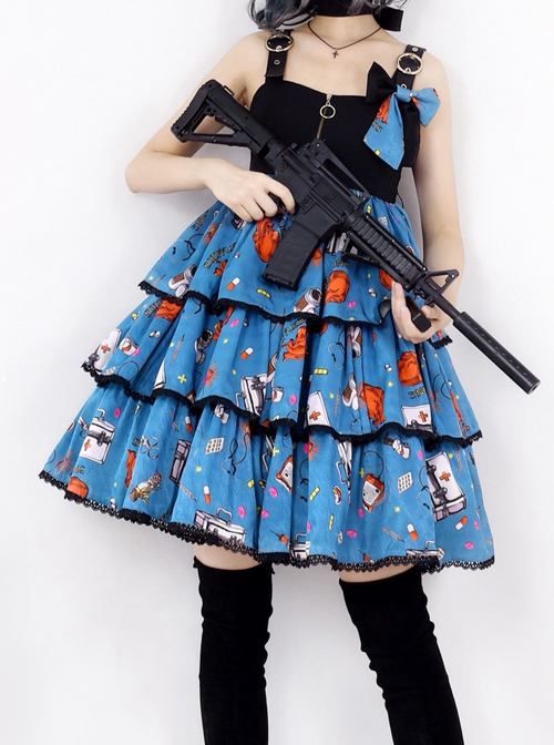 Simple Sweet Punk Style Syringe Medicine Box Pill Print Punk Lolita Sleeveless Dress