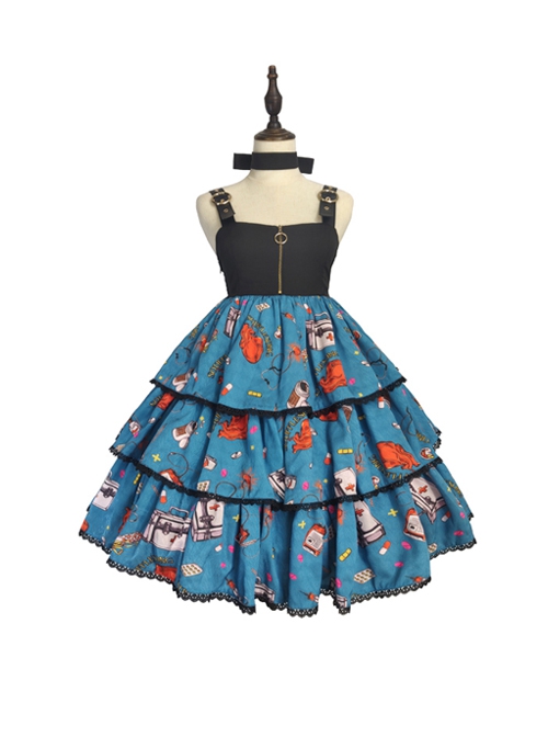 Simple Sweet Punk Style Syringe Medicine Box Pill Print Punk Lolita Sleeveless Dress