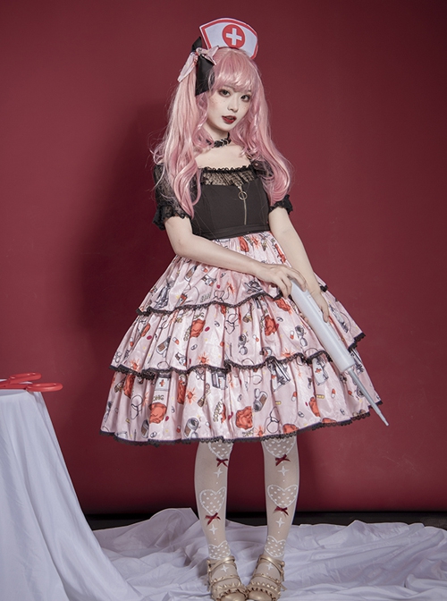 Simple Sweet Punk Style Syringe Medicine Box Pill Print Punk Lolita Sleeveless Dress